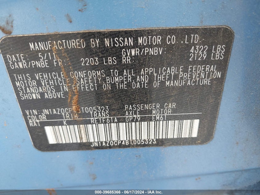 2011 Nissan Leaf Sl VIN: JN1AZ0CP4BT005323 Lot: 39685366