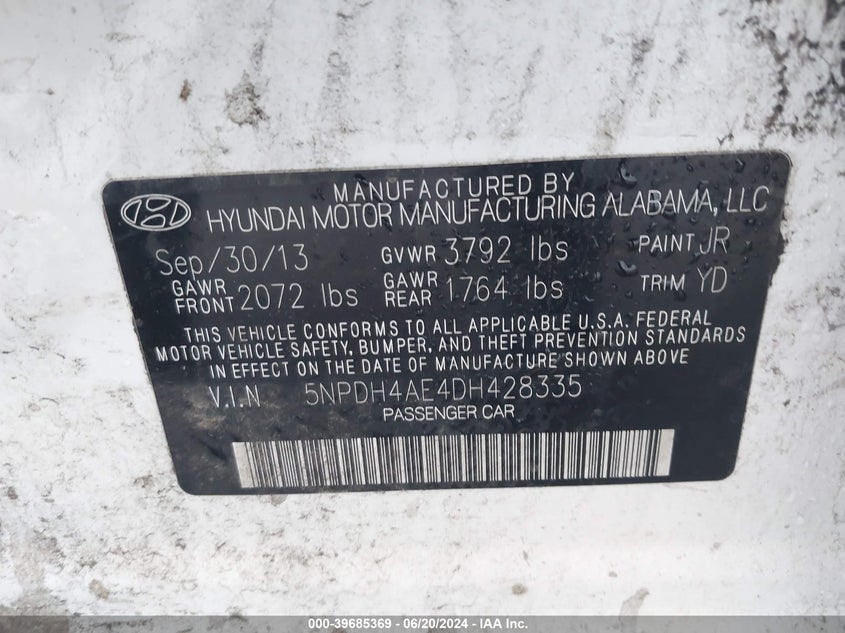 2013 Hyundai Elantra Gls/Limited VIN: 5NPDH4AE4DH428335 Lot: 39685369