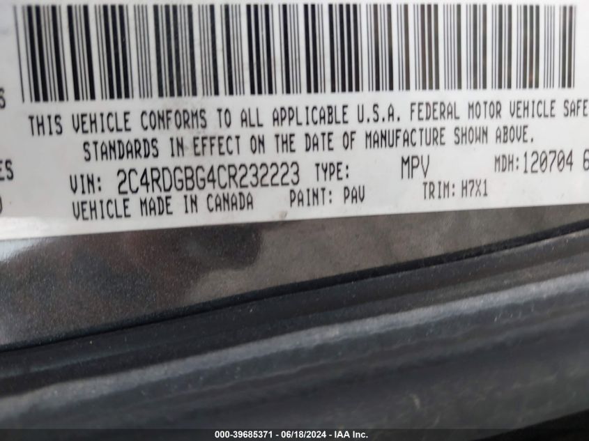 2012 Dodge Grand Caravan Se/Avp VIN: 2C4RDGBG4CR232223 Lot: 39685371