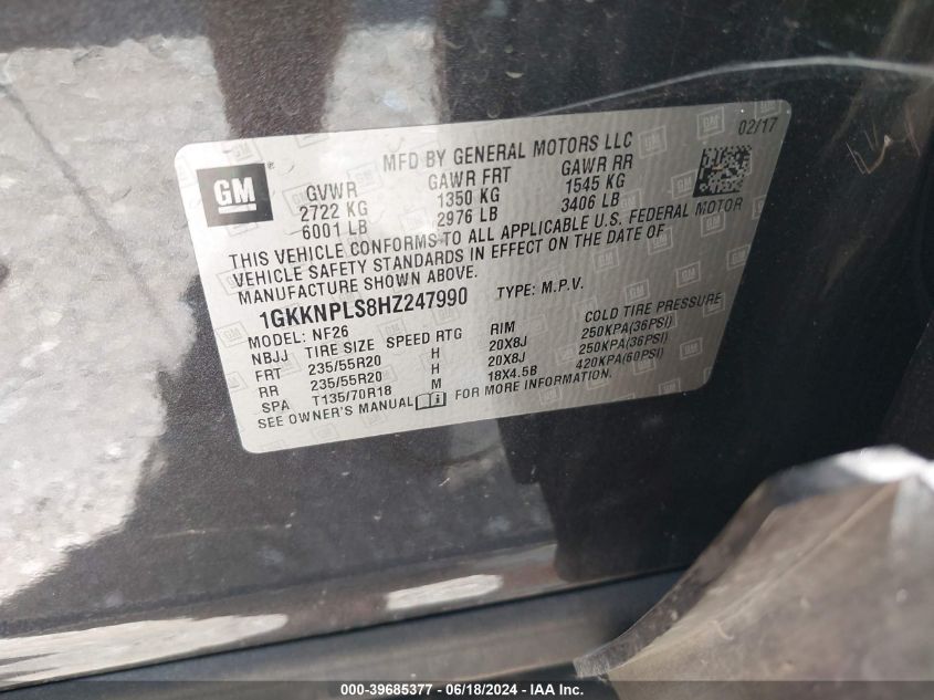 2017 GMC Acadia Denali VIN: 1GKKNPLS8HZ247990 Lot: 39685377