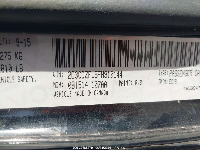 2015 Dodge Challenger R/T Scat Pack VIN: 2C3CDZFJ5FH910144 Lot: 39685379