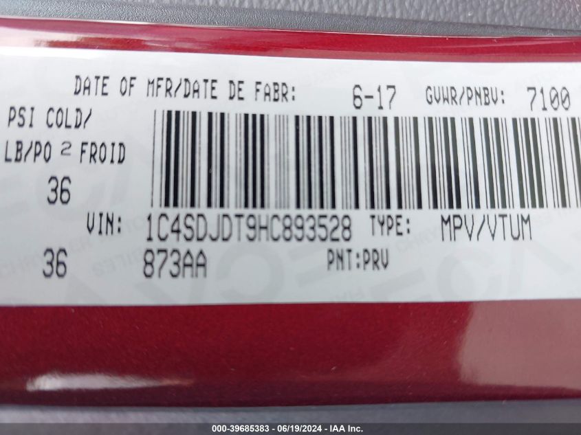 2017 Dodge Durango Gt VIN: 1C4SDJDT9HC893528 Lot: 39685383