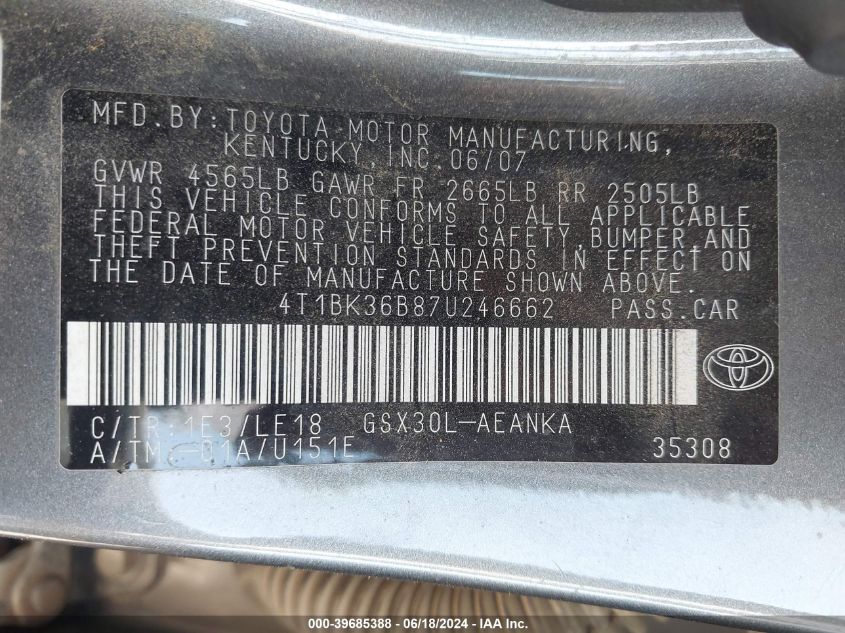 2007 Toyota Avalon Touring VIN: 4T1BK36B87U246662 Lot: 39685388