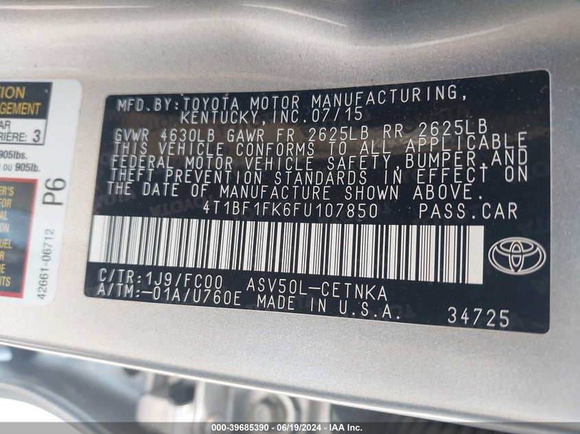 2015 Toyota Camry Le/Xle/Se/Xse VIN: 4T1BF1FK6FU107850 Lot: 39685390