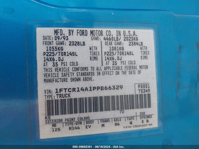 1993 Ford Ranger Super Cab VIN: 1FTCR14A1PPB66329 Lot: 39685391