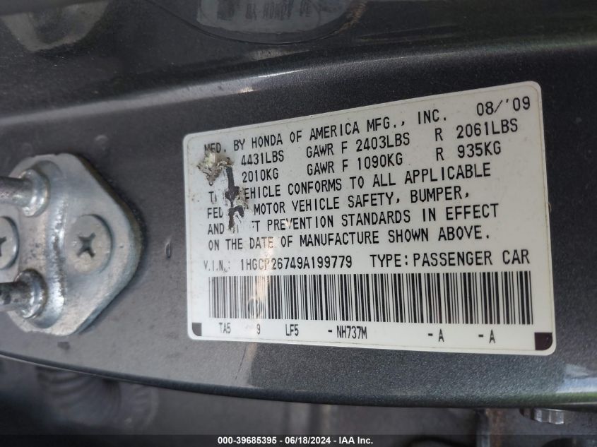 2009 Honda Accord 2.4 Ex VIN: 1HGCP26749A199779 Lot: 39685395