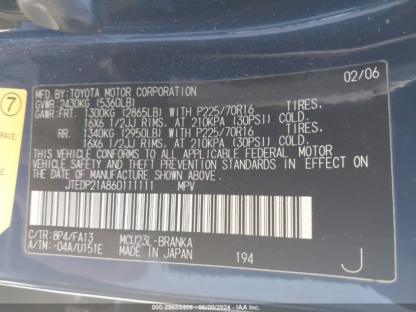 2006 Toyota Highlander V6 VIN: JTEDP21A860111111 Lot: 39685408