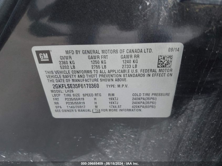 2015 GMC Terrain Slt-1 VIN: 2GKFLSE35F6170360 Lot: 39685409