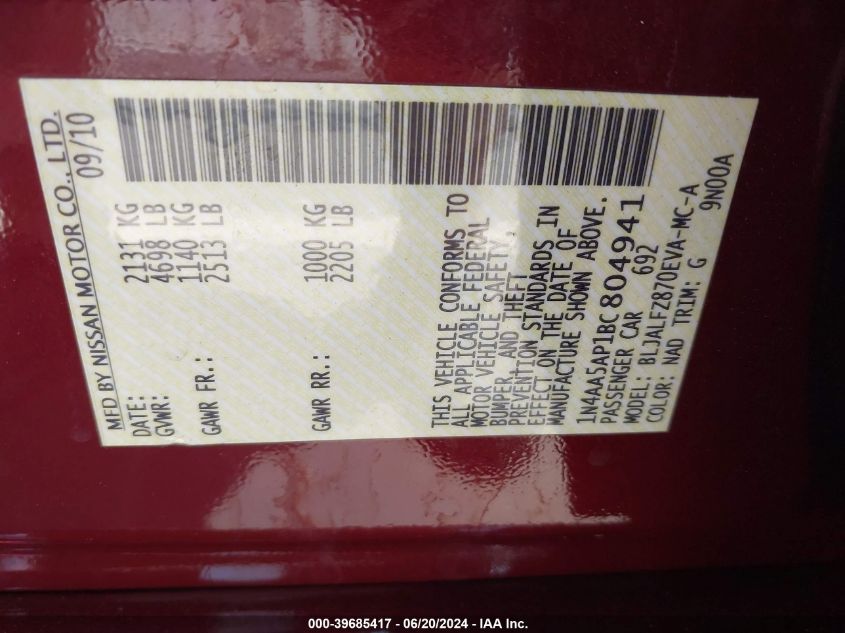 2011 Nissan Maxima 3.5 Sv VIN: 1N4AA5AP1BC804941 Lot: 39685417