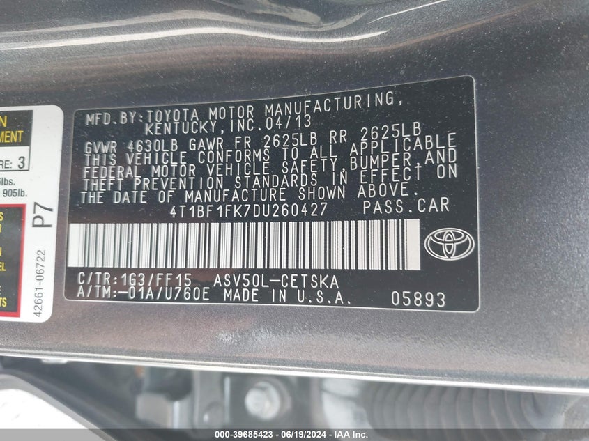 2013 Toyota Camry Se VIN: 4T1BF1FK7DU260427 Lot: 39685423