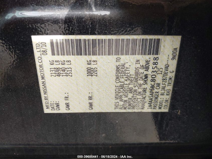 2011 Nissan Maxima 3.5 Sv VIN: 1N4AA5AP6BC803588 Lot: 39685441