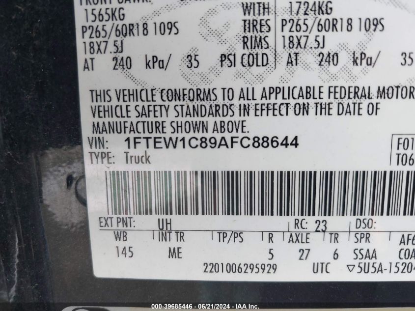 2010 Ford F-150 Fx2 Sport/Xl/Xlt VIN: 1FTEW1C89AFC88644 Lot: 39685446