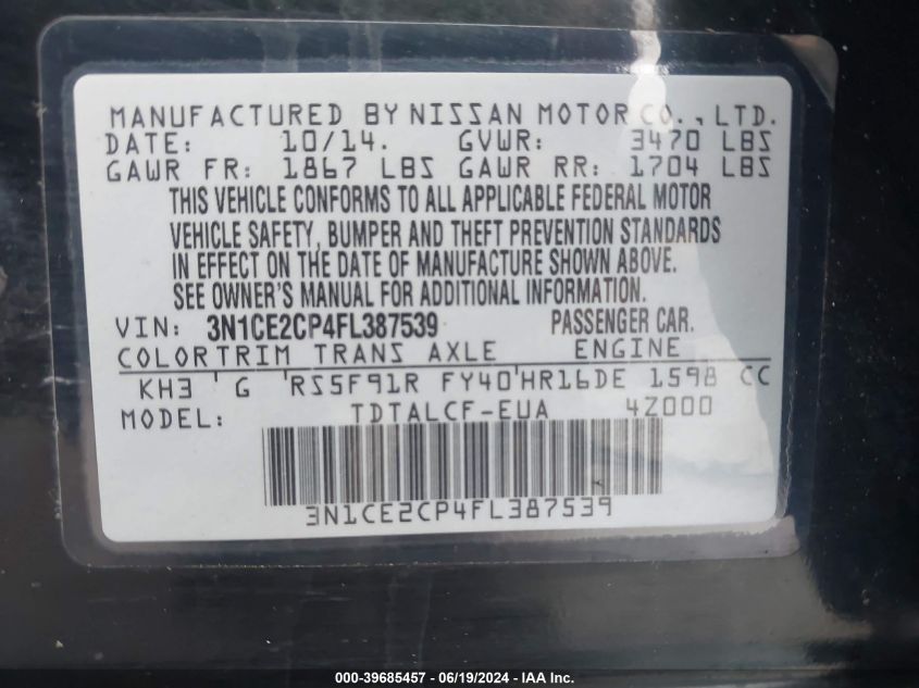 2015 Nissan Versa Note S (Sr) VIN: 3N1CE2CP4FL387539 Lot: 39685457