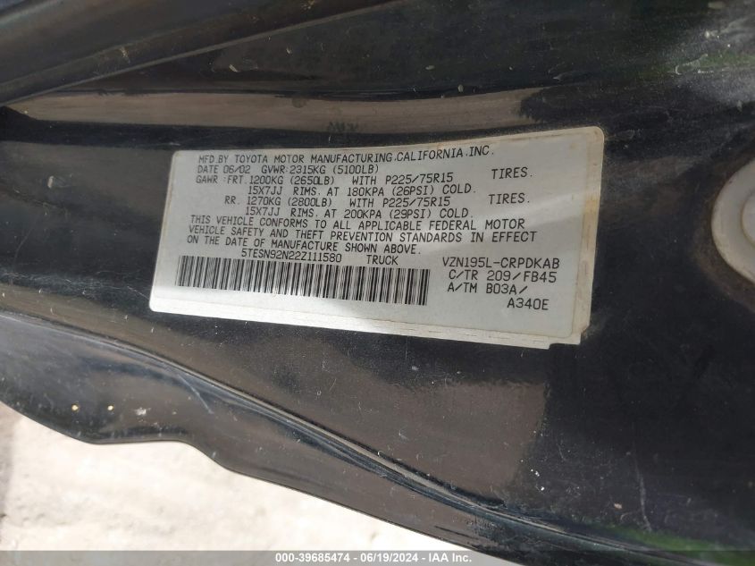 2002 Toyota Tacoma Prerunner V6 VIN: 5TESN92N22Z111580 Lot: 39685474