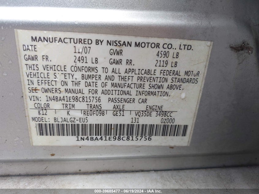 2008 Nissan Maxima 3.5 Sl VIN: 1N4BA41E98C815756 Lot: 39685477