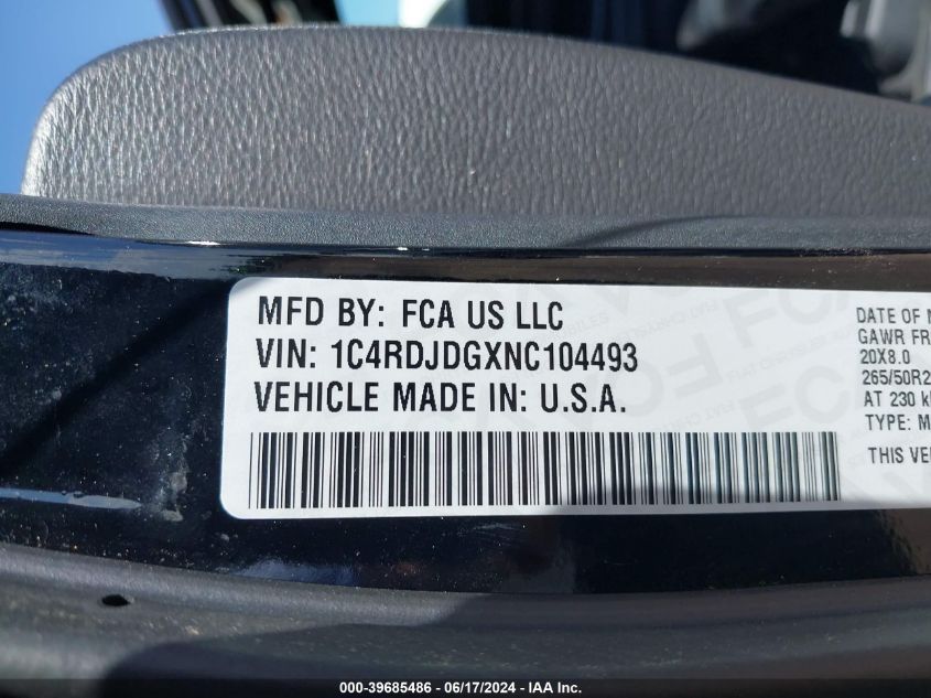 2022 Dodge Durango Gt Plus Awd VIN: 1C4RDJDGXNC104493 Lot: 39685486