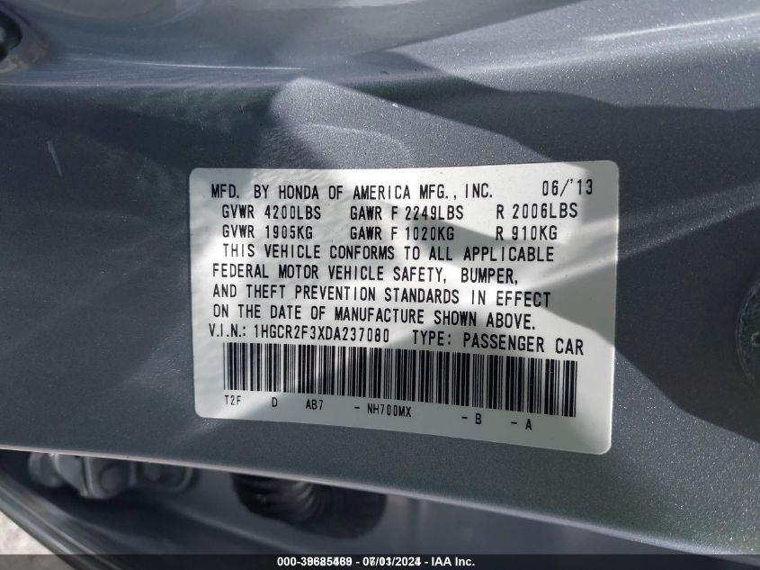 1HGCR2F3XDA237080 2013 Honda Accord Lx