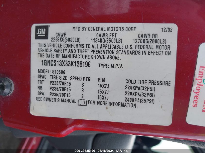 2003 Chevrolet Blazer Ls VIN: 1GNCS13X33K138198 Lot: 39685496