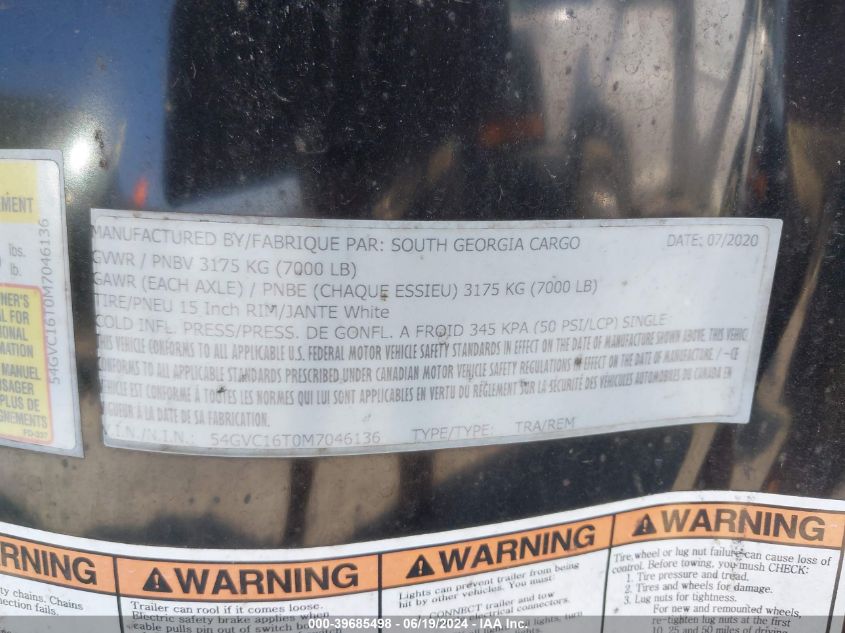 2021 Fabrique Cargo Trailer VIN: 54GVC16T0M7046136 Lot: 39685498
