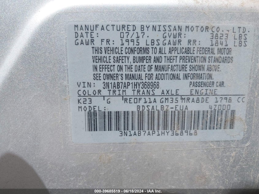 2017 Nissan Sentra S VIN: 3N1AB7AP1HY368968 Lot: 39685519