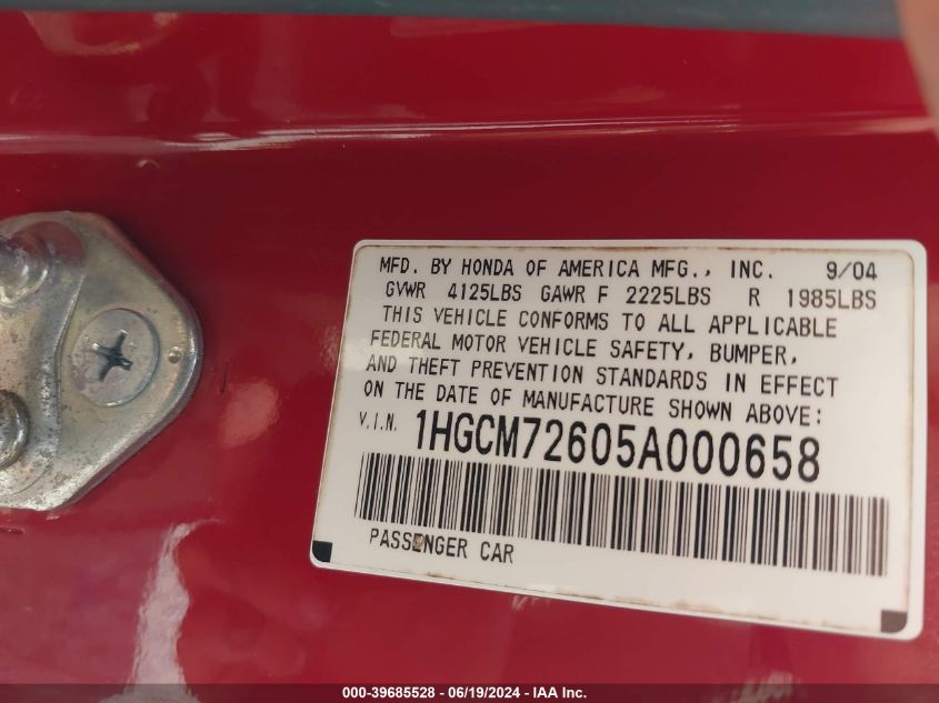 2005 Honda Accord Ex VIN: 1HGCM72605A000658 Lot: 39685528