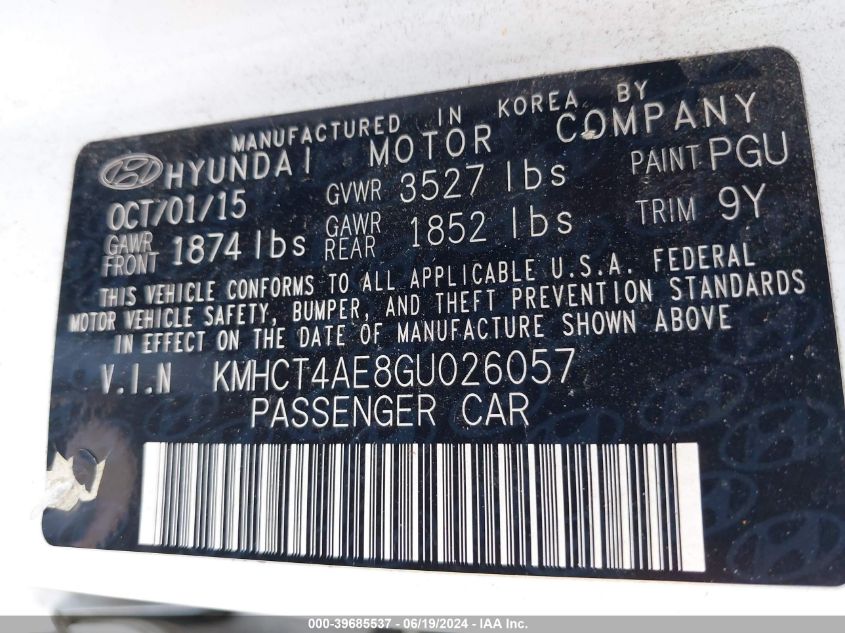 2016 Hyundai Accent Se VIN: KMHCT4AE8GU026057 Lot: 39685537