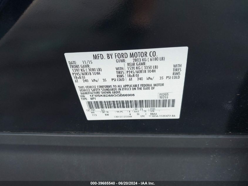 2016 Ford Explorer Xlt VIN: 1FM5K8D88GGB66908 Lot: 39685540