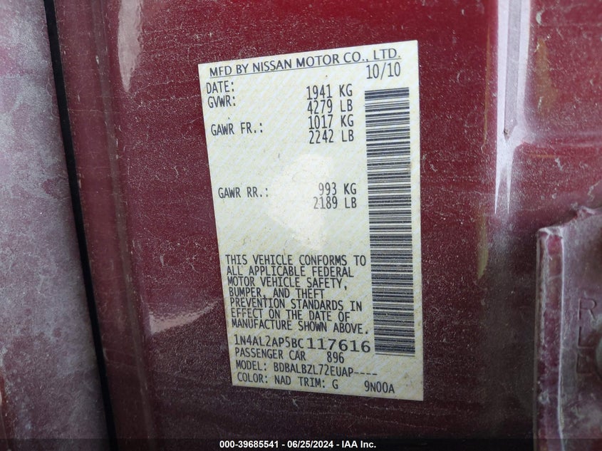 2011 Nissan Altima S VIN: 1N4AL2AP5BC117616 Lot: 39685541