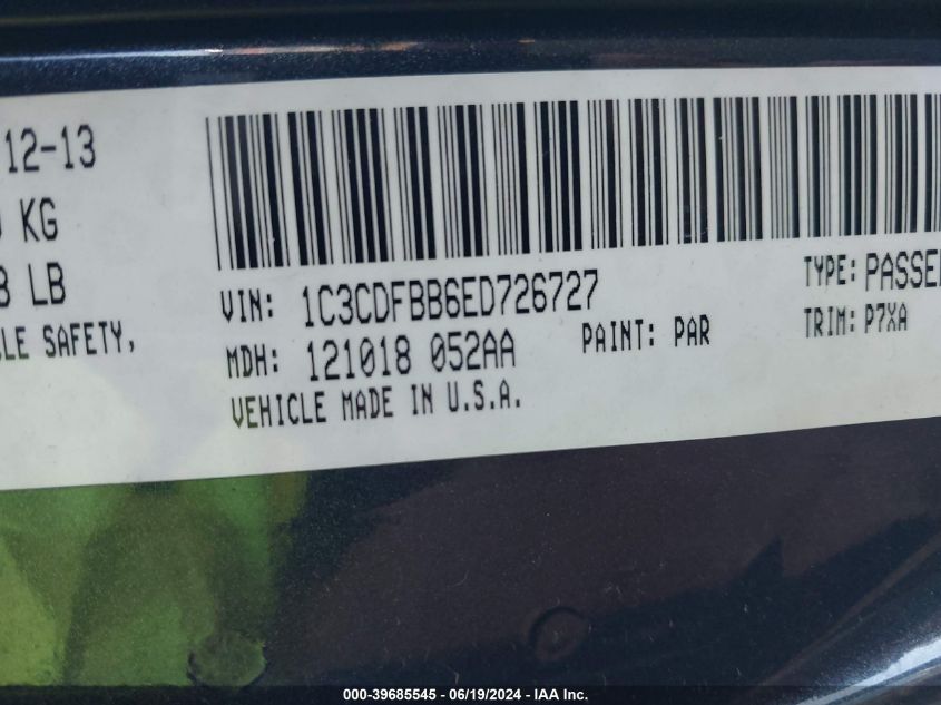 2014 Dodge Dart Sxt VIN: 1C3CDFBB6ED726727 Lot: 39685545