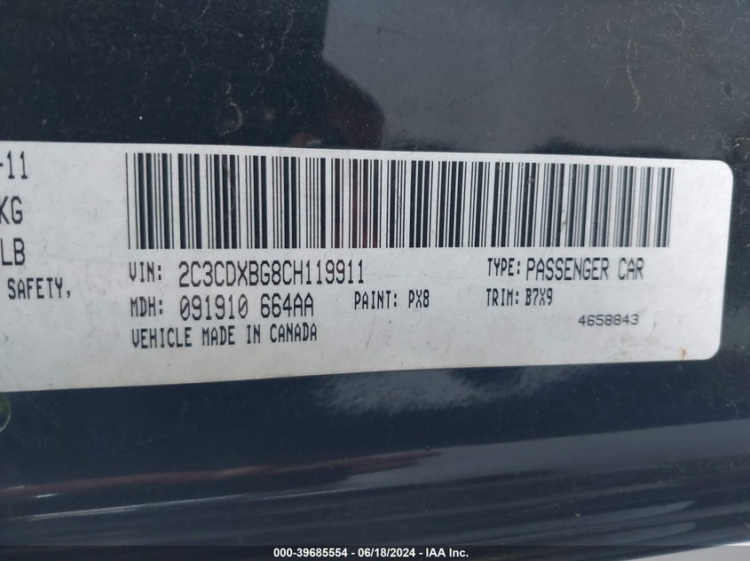 2012 Dodge Charger Se VIN: 2C3CDXBG8CH119911 Lot: 39685554