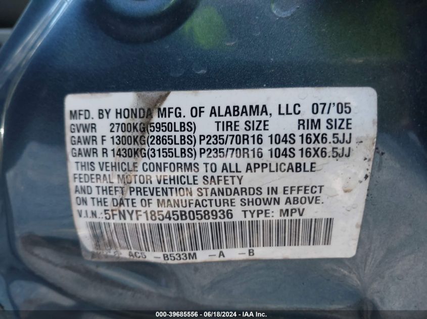 2005 Honda Pilot Ex-L VIN: 5FNYF18545B058936 Lot: 39685556