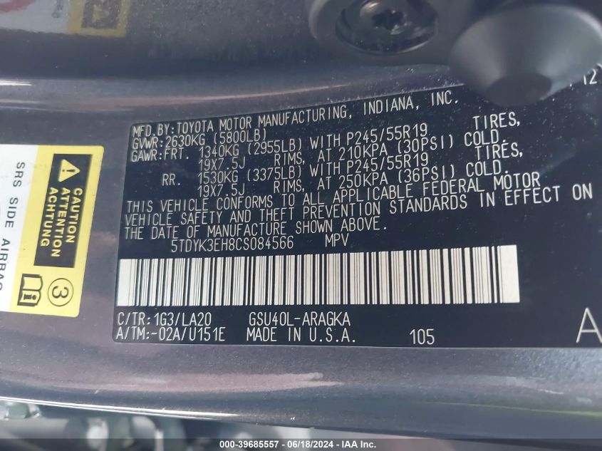 2012 Toyota Highlander Limited V6 VIN: 5TDYK3EH8CS084566 Lot: 39685557