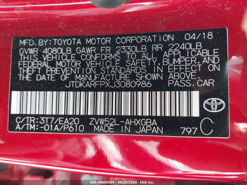 2018 Toyota Prius Prime Advanced VIN: JTDKARFPXJ3080986 Lot: 39685559