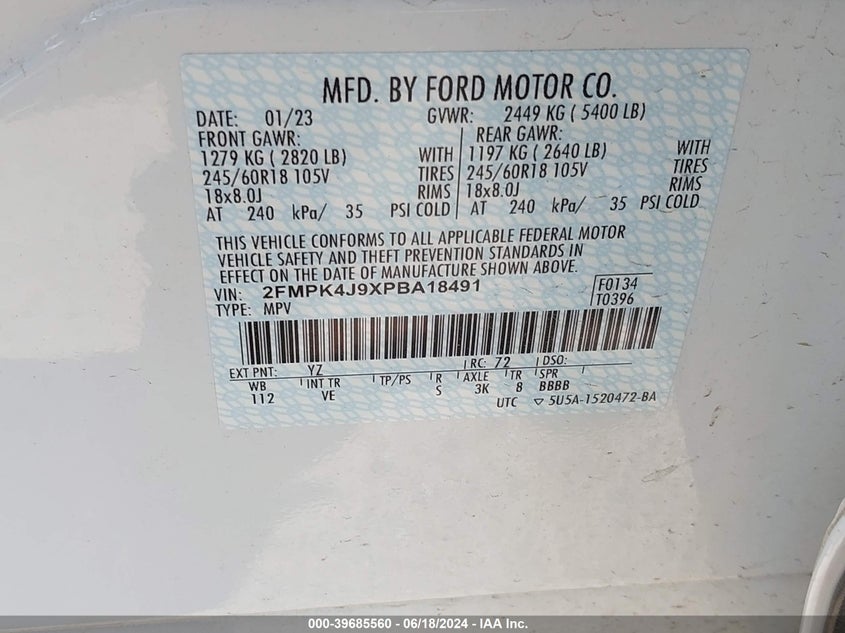 2023 Ford Edge Sel VIN: 2FMPK4J9XPBA18491 Lot: 39685560
