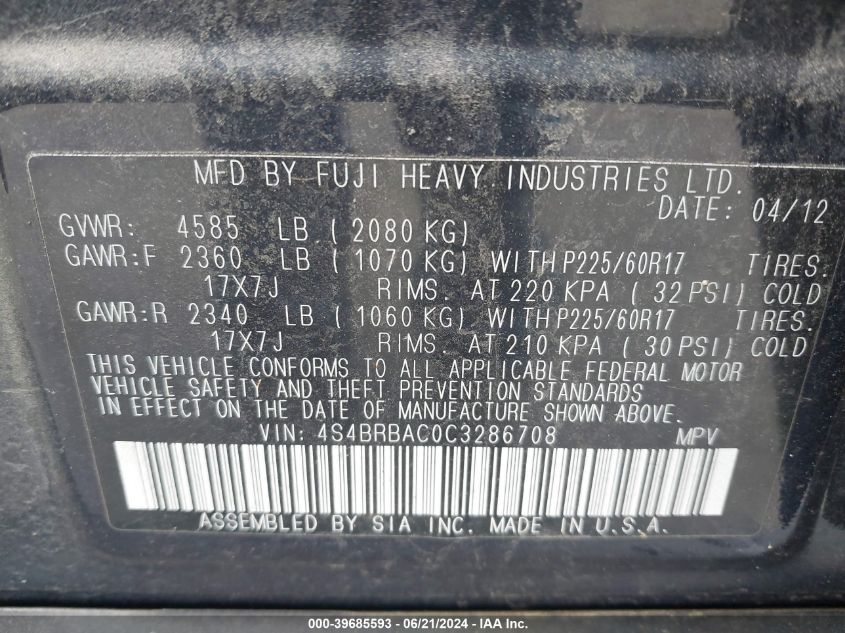 2012 Subaru Outback 2.5I VIN: 4S4BRBAC0C3286708 Lot: 39685593