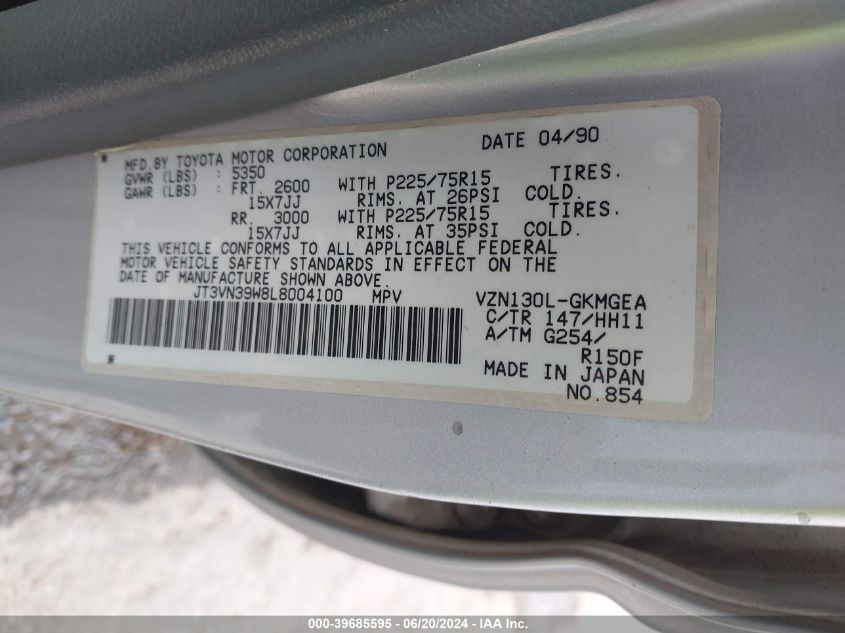 1990 Toyota 4Runner Vn39 Sr5 VIN: JT3VN39W8L8004100 Lot: 39685595