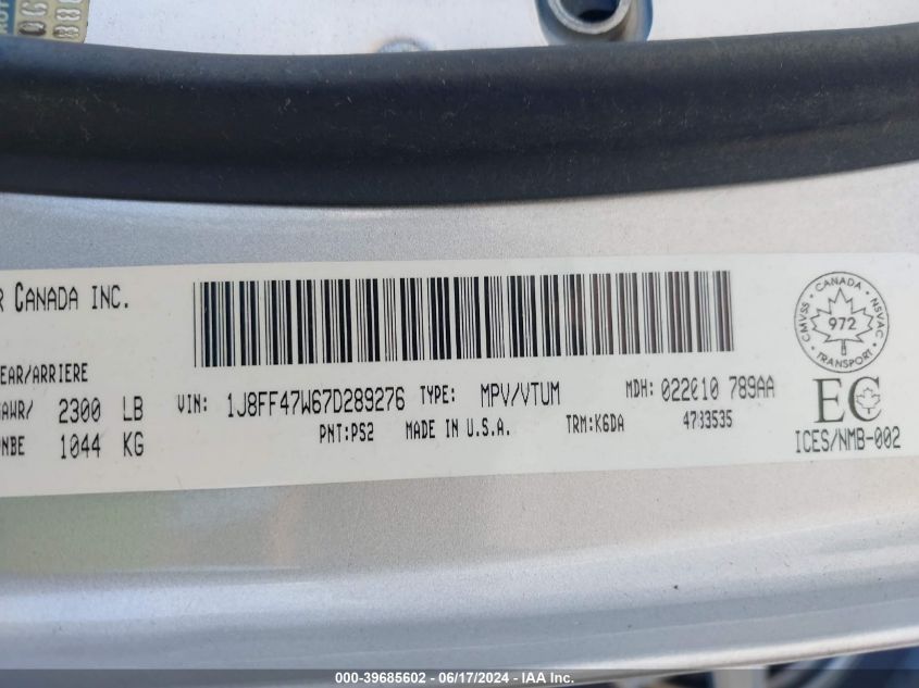 2007 Jeep Compass Sport/North VIN: 1J8FF47W67D289276 Lot: 39685602