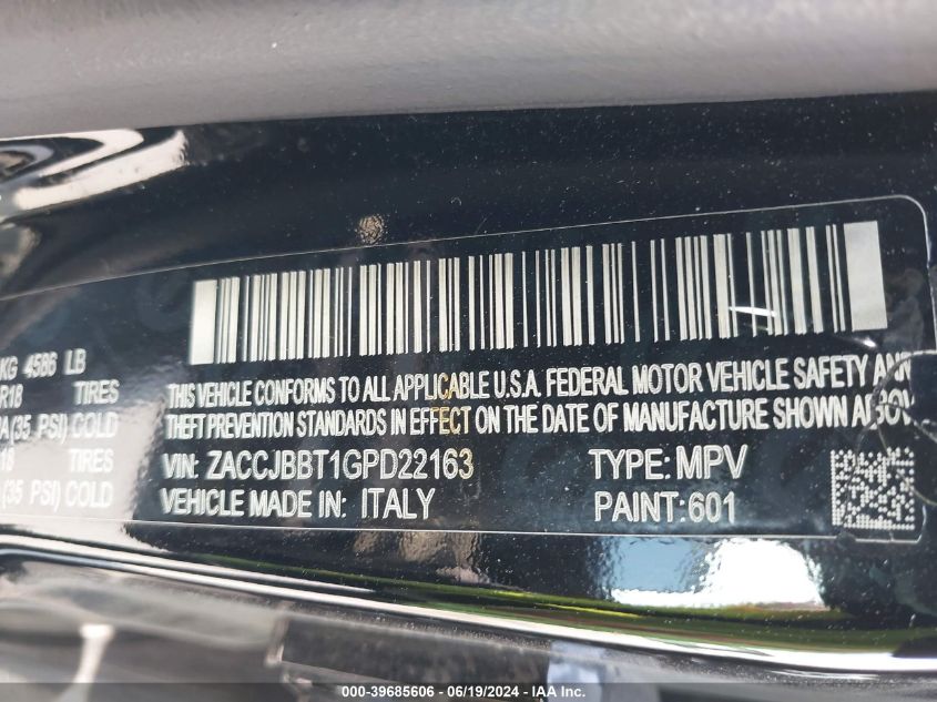 2016 Jeep Renegade Latitude VIN: ZACCJBBT1GPD22163 Lot: 39685606