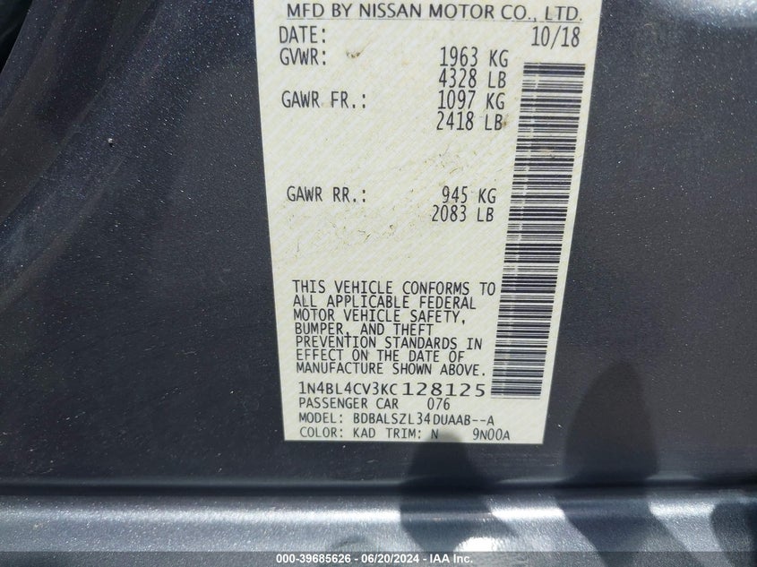 VIN 1N4BL4CV3KC128125 2019 NISSAN ALTIMA 2.5 SR