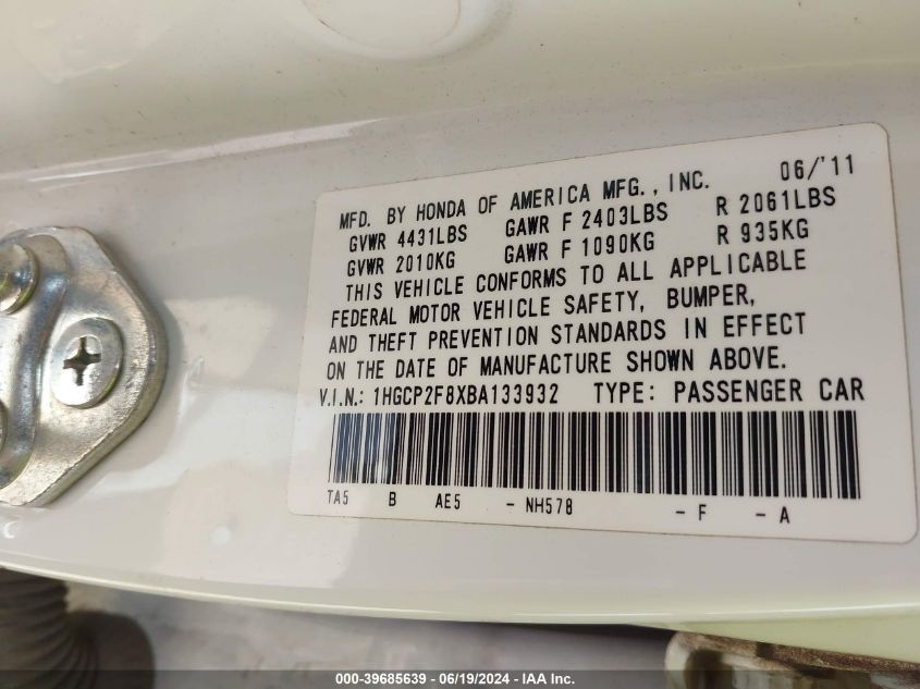 2011 Honda Accord 2.4 Ex-L VIN: 1HGCP2F8XBA133932 Lot: 39685639