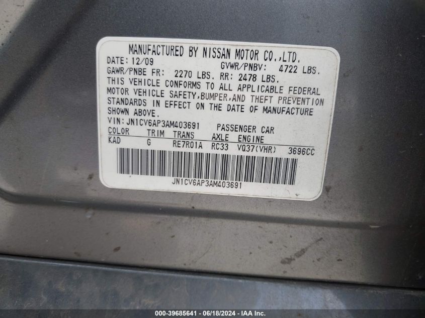 2010 Infiniti G37 VIN: JN1CV6AP3AM403691 Lot: 39685641