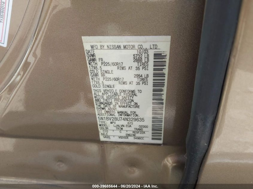 2004 Nissan Quest 3.5 Se VIN: 5N1BV28U74N329635 Lot: 39685644