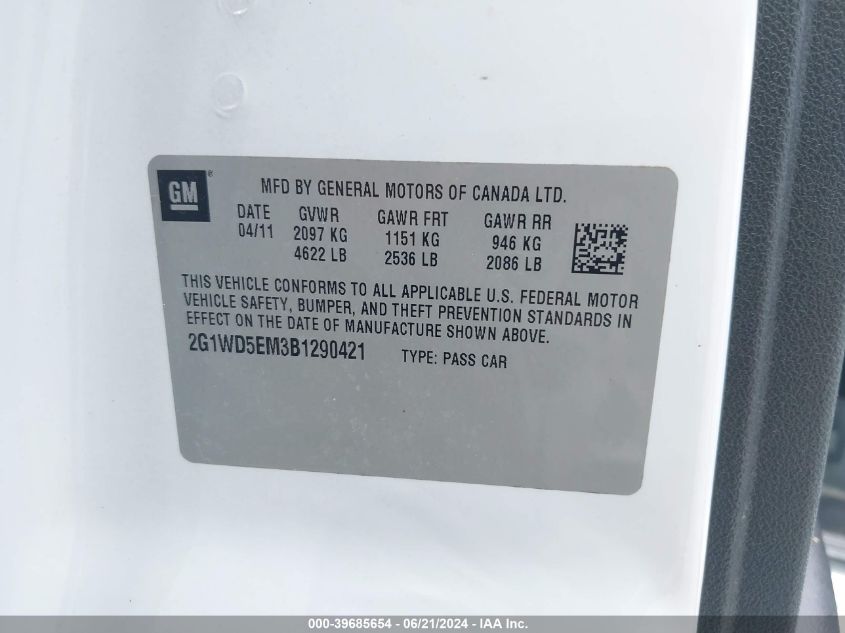2011 Chevrolet Impala Police VIN: 2G1WD5EM3B1290421 Lot: 39685654
