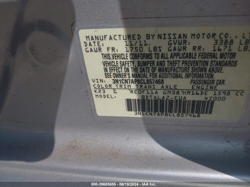 2012 Nissan Versa 1.6 S VIN: 3N1CN7AP8CL857468 Lot: 39685655