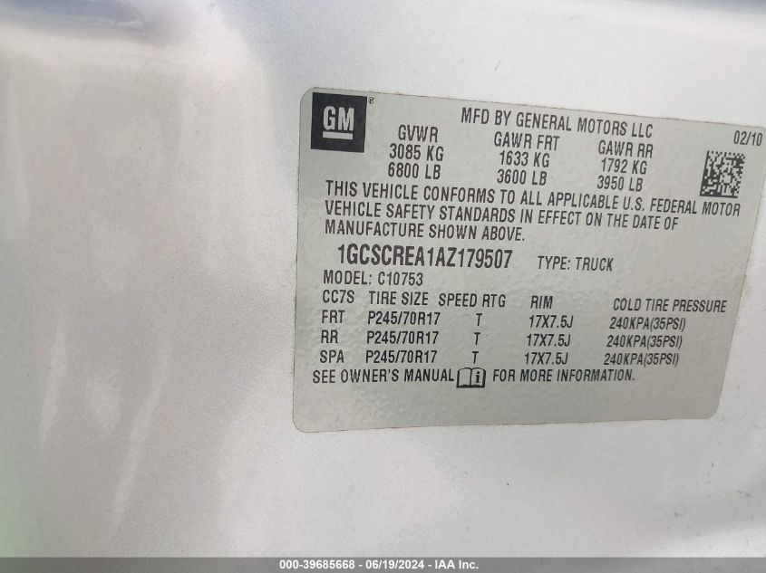 2010 Chevrolet Silverado 1500 Ls VIN: 1GCSCREA1AZ179507 Lot: 39685668