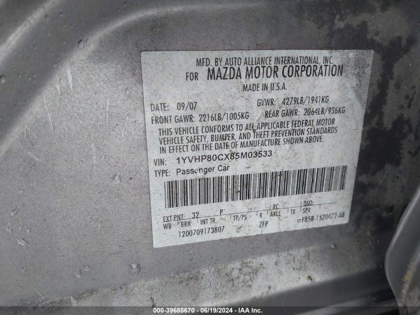 2008 Mazda 6 I VIN: 1YVHP80CX85M03533 Lot: 39685670