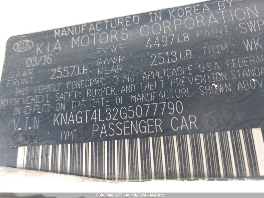 2016 Kia Optima Lx VIN: KNAGT4L32G5077790 Lot: 39685677