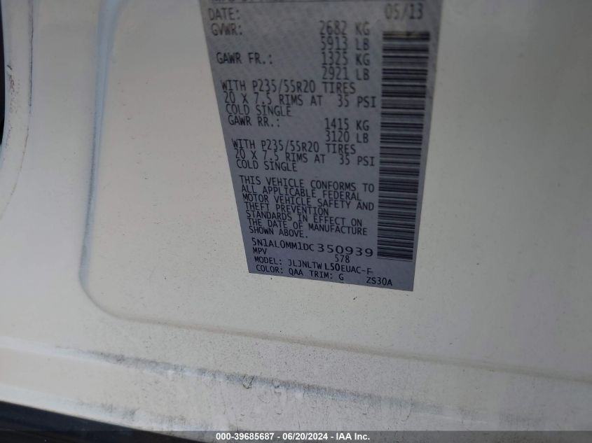 2013 Infiniti Jx35 VIN: 5N1AL0MM1DC350939 Lot: 39685687