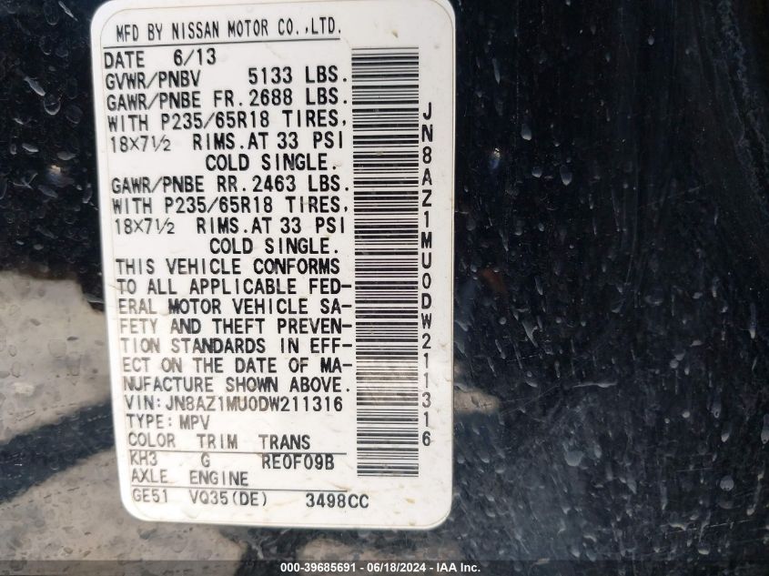 2013 Nissan Murano S VIN: JN8AZ1MU0DW211316 Lot: 39685691