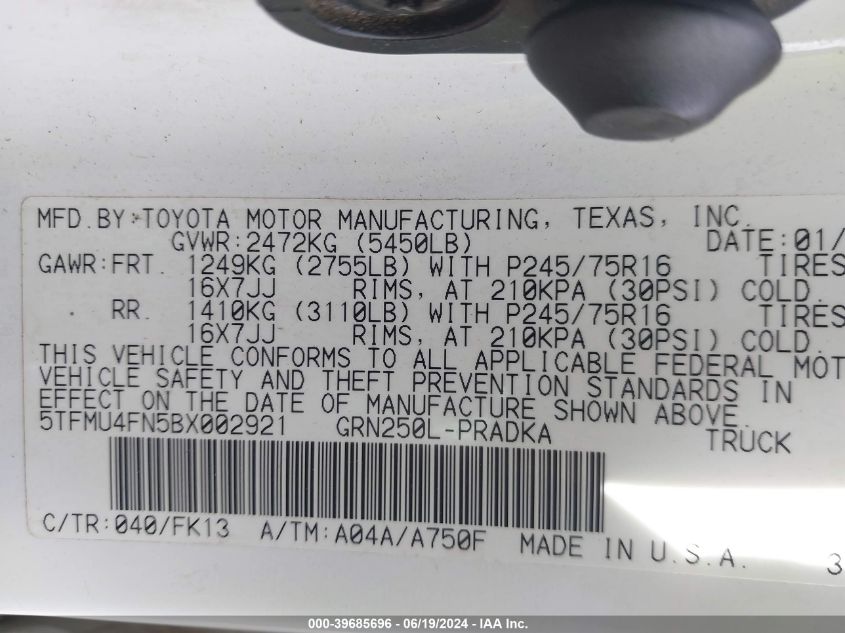 2011 Toyota Tacoma Base V6 VIN: 5TFMU4FN5BX002921 Lot: 39685696